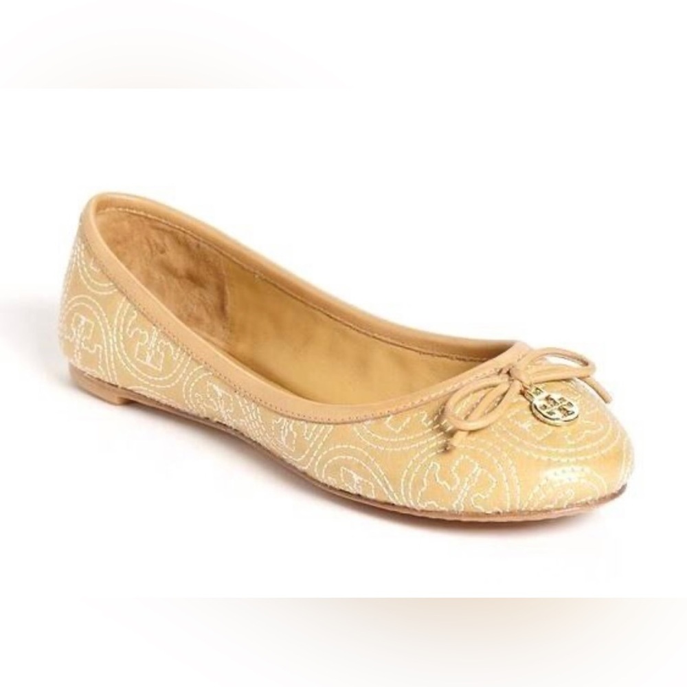 Tory Burch Tan Flats with Bow and Metallic Charm